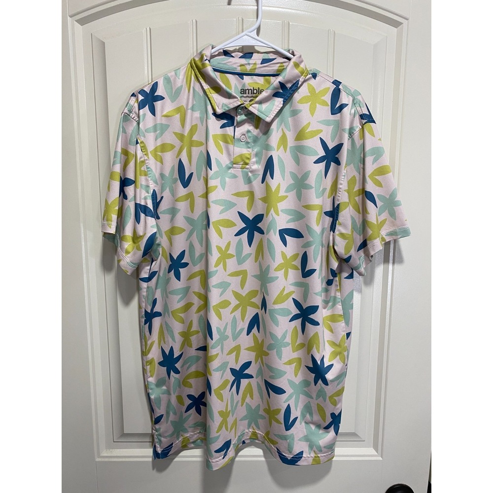 Amble Men's Size Large Floral Print Tropical Golf Performance Casual Polo Shirt